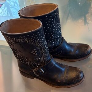 Frye Jenna Distressed Black Studded Leather Skull Boots